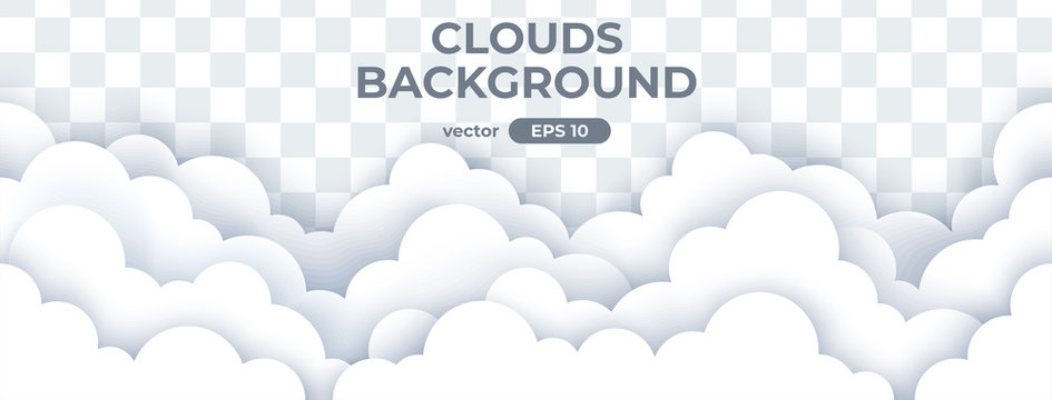 Sky with white clouds on transparent background. Seamless border of clouds. Paper cut. Simple cartoon design. Banner, poster, flyer template. Flat style vector eps10 illustration.