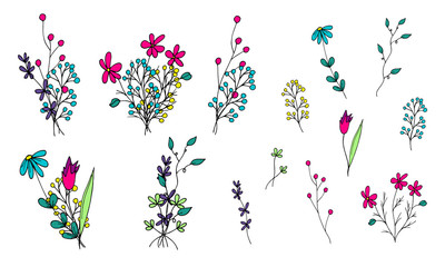 Set of bouquets and branches of multi-colored simple flowers in doodle style. Pink, blue, green, purple, yellow. Hand made style. Isolated objects on a white background. Vector illustration.