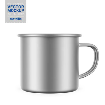 Metallic Gray Enamel Metal Cup. Vector Mockup.