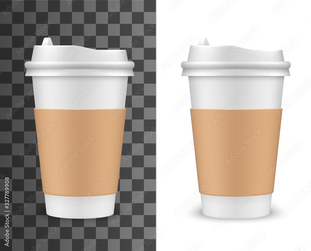 Wall mural Coffee cup, realistic 3D blank mockup template. Vector isolated tea or coffee cup with safety sip lid and cardboard sleeve holder, cafe hot drinks disposable package, takeaway container