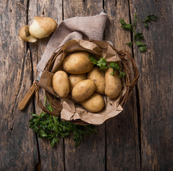 Raw organic potato with parsley  in basket on wooden table top view