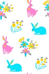 Seamless pattern of cute white bunnies on white background with floral elements. Trendy scandinavian vector. Perfect for kids apparel,fabric, textile, nursery decoration,wrapping. Spring drawings.