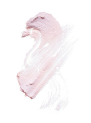 Gently pink brush strokes and texture of face cream or pink acrylic paint on a white background