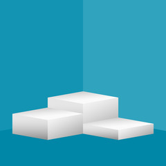 Rectangular boxes for demonstration, light blue wall and floor, white podium stand, vector illustration