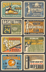 Basketball sport club and streetball school, vintage retro posters. Vector basketball professional sportswear and equipment shop retro, streetball championship or university team tournament - obrazy, fototapety, plakaty
