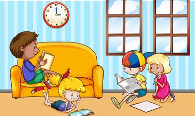 Scene with many children reading books at home