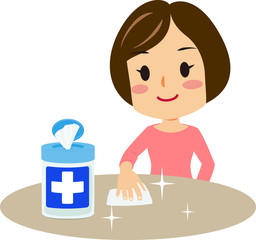 消毒用ワイプでテーブルをきれいにする女性のイラスト 文字なし