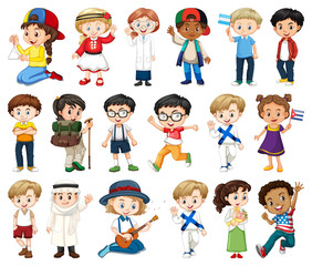 Large set of boys and girls doing different activity on white background