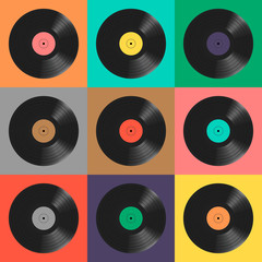 Vinyl records. Colorful background. Seamless pattern.