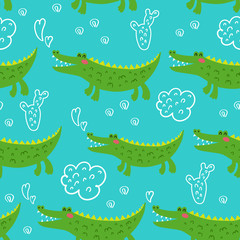  Seamless pattern with crocodiles. Decorative scandinavian vector template for children's clothing design, interior, Wallpaper, greeting cards, banners, home decoration.