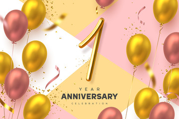 1 year anniversary celebration banner. 3d handwritten golden metallic number 1 and glossy balloons with confetti. Vector realistic template. - obrazy, fototapety, plakaty