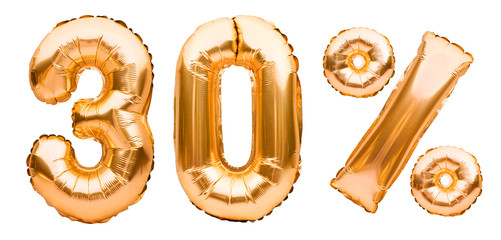 Golden thirty percent sign made of inflatable balloons isolated on white. Helium balloons, gold...