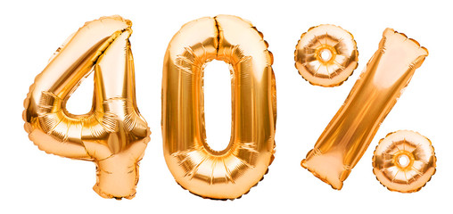 Golden fourty percent sign made of inflatable balloons isolated on white. Helium balloons, gold foil numbers. Sale decoration, black friday, discount concept. 40 percent off, advertisement message. © Magryt