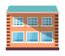 Multi-storey building with windows and entrance, shadow on house. City or street construction with yellow wall, exterior of skyscraper vector. Flat cartoon
