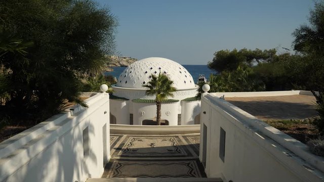 Looking down on the white dome building at Kallithea Springs, Rhodes, Greece
