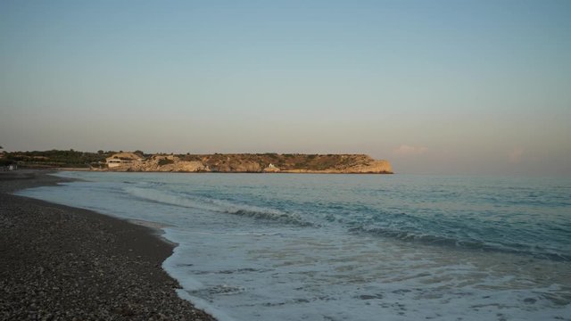 Real time panoramic view of Kolymbia Beach at golden hour on the greek island, Rhodes