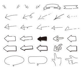 シンプルでおしゃれな手書きの矢印、吹き出し、手、指、見出し、装飾、素材