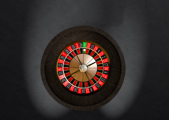 Casino roulette wheel on black background. Casino theme. Close-up white casino roulette with a ball on zero. Top view. 3d rendering illustration