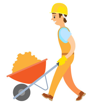 Worker helping in building of constructions vector, male wearing uniform and helmet pushing trolley loaded with material for work, carriage with wheels