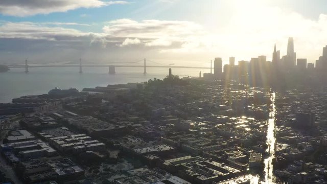 Aerial view of San Francisco cityscape with skyscrapers in beautiful morning mist