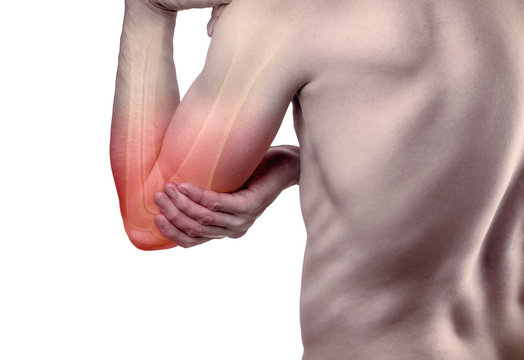 Elbow injury concept. Man holds a wounded sore arm. Dislocation. On a white isolated background