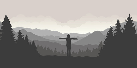 girl with raised arms at mountain and forest landscape vector illustration EPS10