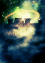 Medieval fortress over starry sky