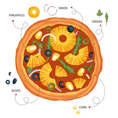 Italian cheese pizza vector illustration. Delicious tasty snack card. Flat design. Pizza meal poster with food ingredient - pineapple, olive, greens and corn.