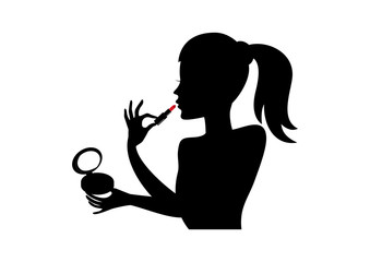 Woman with lipstick silhouette vector. Attractive girl silhouette vector. Beautiful girl silhouette icon isolated on a white background. Woman silhouette applying lipstick icon