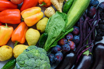 Colorful fruit and vegetable rainbow. Top view. Flat lay. Healthy food concept.
