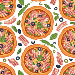 Italian cheese bacon meat pizza vector illustration. Delicious tasty snack seamless pattern. Flat design.