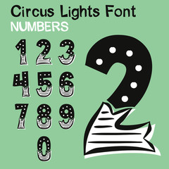 Circus Lights Font numbers set. Hand-drawn decorative numbers for decoration and design. Retro style light lettering. Vector illustration