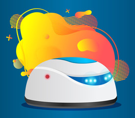 Vacuum cleaning robot for tidying home. Household appliance for smart house. Equipment to get rid of dust. Autonomous cleaner for hygiene. Wireless gadget with remote control panel and brush