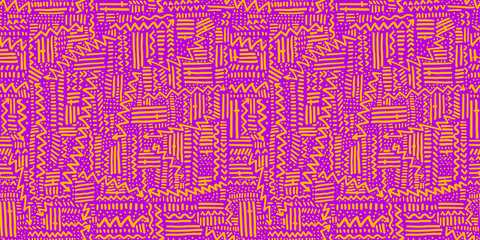 Seamless doodle geometric arrow, dot and line contemporary pattern in rythmic ethnic or Memphis style, background.