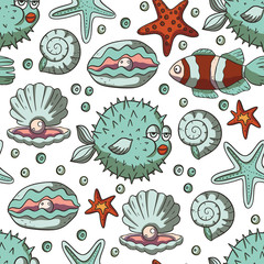 Funny fish, pearl shell and starfish sea vector art. Seamless pattern with hand drawn cute colorful graphic illustrations. Underwater cartoon summer art on a white background.