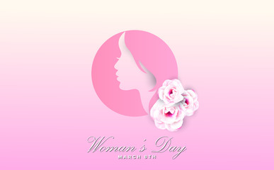 Happy Women Day holiday illustration. Paper cut girl head silhouette cutout with hand drawn spring and flower doodles. Horizontal format design ideal for web banner or greeting card. EPS10 vector.