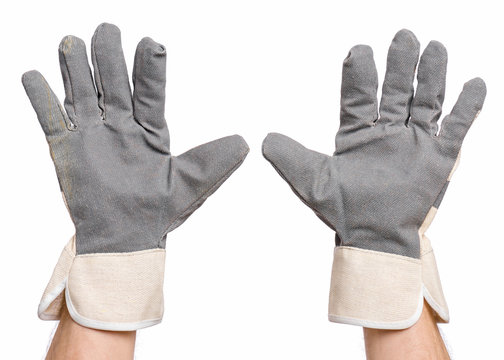 Worker showing gesture - open palm and five fingers. Male hands wearing working glove, isolated on white background.