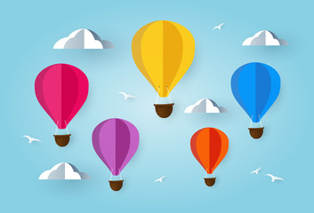 Colorful Air Balloons on sky. with Cloud and birds. paper art concept