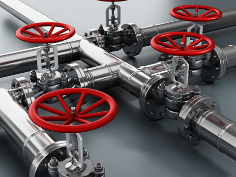 Steel water pipes and valves. 3D illustration