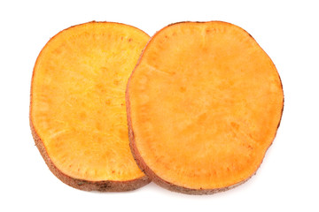 sliced sweet potatoes isolated on white background. top view