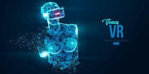 VR headset holographic low poly wireframe banner. Abstract silhouette of the polygonal statue of Venus, woman wearing virtual reality glasses. VR games. Particles on blue background, vector neon - obrazy, fototapety, plakaty