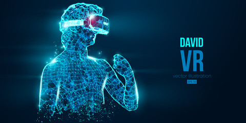 VR headset holographic low poly wireframe banner. Abstract silhouette of the polygonal statue of David, man wearing virtual reality glasses. VR games. Particles on blue background, vector neon