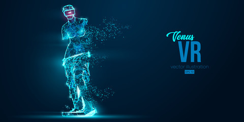 VR headset holographic low poly wireframe banner. Abstract silhouette of the polygonal statue of Venus, woman wearing virtual reality glasses. VR games. Particles on blue background, vector neon © matrosovv