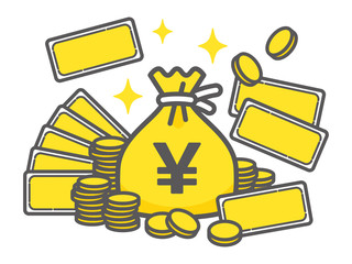 お金の袋とお札と硬貨.