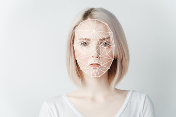 Portrait of a young girl in a white T-shirt on a white background, face recognition, surveillance fbi, artificial intelligence