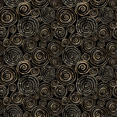 Abstract seamless pattern with 3d golden glittering acrylic paint round spiral circles on black background