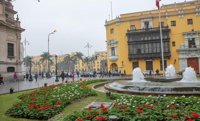 City of Lima Peru. South America. Old town. Plaza major. Park and fountain.
