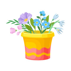 Different Flowers and Twigs Put in Pot Isolated on White Background Vector Illustration