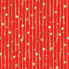 Abstract seamless pattern with 3d golden glittering acrylic paint polka dot and stripes on red background