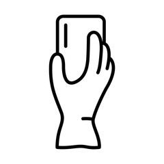 Hand in household rubber glove holds washing sponge or soap. Linear icon of detergents. Black illustration for wet house cleaning, polishing surfaces, removing plaque and rust. Contour isolated vector